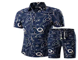 Erkekler gömlek seti yeni yaz gündelik baskılı hawaii gömlek homme kısa erkek baskı elbise takımları set artı boyutu3521998