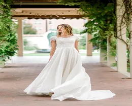 Semplice abito da sposa modesto in raso aline in pizzo modesto con maniche con cappuccio da donna abiti da sposa informale modesti di alta qualità su misura su misura 1238516