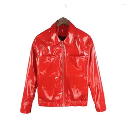 Men's Jackets Mens Glossy Patent Leather Long Sleeve Coat Fashion Streetwear Male PVC Shiny Turn Down Collar Motorcycle Jacket Fetish