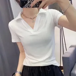 Plain Polo Neck Shirts For Women Navy Blue Clothing White Short Sleeve Tee Tshirt Woman Tops Estetic Korean Style Luxury 240409