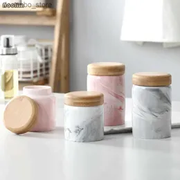 Food Jars Canisters Ceramic Household Sealed Cans with Wood Lid Small Nordic Marbled Tea Storae Jar For Kitchen rains Food Snack Storae Tank L49