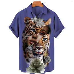 Erkekler Sıradan Gömlek Moda Tiger Hawaii Gömlek Erkekler Gevşek Büyük Boy Kısa Kollu Üstler Adam Giyim Sokak Giyim Camisas Casuais Bluz