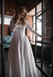 2020 New Arrival Aline Modest Wedding Dresses Long Sleeves Satin Vintage Informal Bridal Gowns LDS Wedding Dress Custom Made6110137