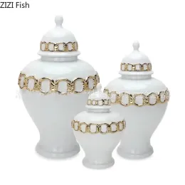 Golden Chain Relief Ceramic Storage Jar Floral Vase White General Tank Ginger Jars Porcelain Jewelry Burkar Kosmetiska behållare