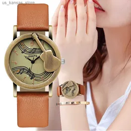 Wristwatches Vintage Leather Women Fashion Quartz Luxury Brand Simple Guitar Female es Casual Ladies Wristes Reloj De Mujer240409