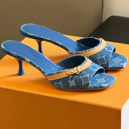 Neo Revival Mule 1Aclns mavi denim ve doğal baldır deri dış taban tasarımcısı denim sandaletler denim katır zarif yüksek topuk yaz sandalet yüksek kalite