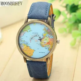 Kvinnors klockor 2022 Fashion Global World Map Plane Denim Fabric Band Watch Casual Men Kvinnor armbandsur Quartz Watch Gift Horloges Relgio 240409