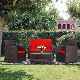 4 Stück Terrasse Set, PE Rattan Weidensofa Möbelset mit weichen Kissen und Glas Couchtisch, rote Frachtfreiheit