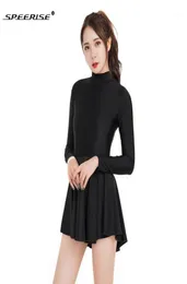 Nuovo arrivo Women Ballet Dance Leotard con gonna Abito da un pezzo Black Long Sleeve Body Turtle Collar Gymnastics Leotards12221879