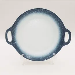 Schalen radientes Glasur sprühen himmelblau und weißes massenwarenalat salat doppeltes ohr rundes Keramik -Teller -Teller Geschirr