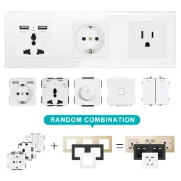 Sran Eu Wall Socket مع مفتاح الروك ، مقبس 220V 16A مع USB 146*86 لوحة زجاجية كريستال مع مفتاح الضوء 1 عصابة 1/2/3 الطريق