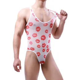 Masculino sexy malha bodysuit de batom impressão de roupas íntimas de roupas íntimas de roupas de roupa de luta livre