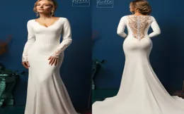 2020 Mermest Mermaid Dresses Vresses Sweep Train Lace Satin v Neck Long Sleeve Bridal Donts Custom Made Simple Country Wedding DRES2493467