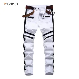 Jeans uomini bianchi pantaloni jeans magri 2023 Fashion Haruku streetwear hip hop slim jeans zippers patchwork casual patchwork strappato i pantaloni in denim strappato