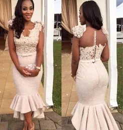 2020 Sleeveless Lace Appliques Flowers with Sash Ivory Mermaid Tea Length In Stock Bridesmaid Dresses Formal Dresses Fast 8880300