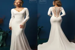 2020 Mermest Mermaid Dresses Vresses Sweep Train Lace Satin v Neck Long Sleeve Bridal Donts Custom Made Simple Country Wedding DRES8161988