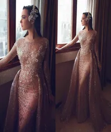 Long Sleeve Champagne Sequined Mermaid Arabic Dubai Prom Dresses 2020 Evening Dress Party Gowns Plus Size Abendkleider robe de soi6522253