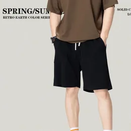 Shorts masculinos de verão curto unissex pesado peso solto 385gsm Cotton Cotton String de alta qualidade Streetwears de cores sólidas para masculino