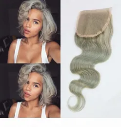 Cabelo humano da malaio Cor cinza 4x4 Fechamento de onda corporal de renda no meio do meio do meio de três partido35952526988460