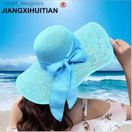 Breda brimhattar hink hattar jiangxihuitian 2018 Summer Womens Beach Hats Caps Foldbar Chiffon Floppy Sun Hats Casual Ladies Sombreros Bowknot Hat Ladies Y240409