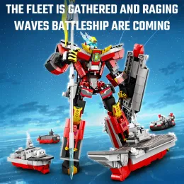 Sembo 4in1 Battleship Transforming Mecha Building Blocks Kits MOC Steel Mech Series Warship Model Bricks Boys Toys Holiday Gifts