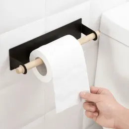 Bathroom Accoessories Wood Towel Storage Rack Bar Kitchen Adhesive Roll Paper Holder Cabinet Cling Film Rag Hanging Holder