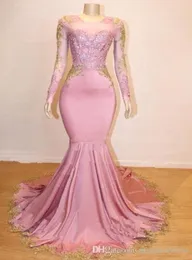 Mermaid de sereia rosa e ouro vestidos de manga longa 2019 decote de jóia de jóia Apliques de renda formal vestidos de noite barato coquetel p7255135