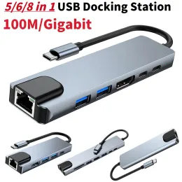 Estações 5/6/8 em 1 USBC Hub USB2.0/3.0 Portas Adaptador Multiporta SD TF Reader 100M/Gigabit RJ45 4K/30Hz HDMicompatible for Laptop