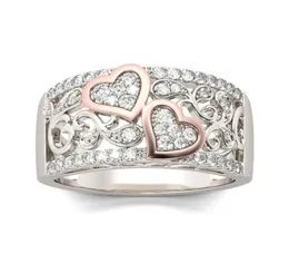 Romantyczny różowy złoto kolor podwójne serce dla kobiet moda Pełna cyrkon Pierścień na ślubnie Pierścienie urocze kobiety biżuteria 9937935