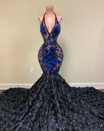 Новое прибытие Sequin Black Girls Pr -Pr -Pr -Pr -Pr -Proms Plus Deep V Nece Secield Prom Prom Prom 3d Rose Flowers Prom Platens BC11783