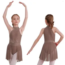 Stage desgaste infantil Girls Ginástica Ballet Tutu Tutu Lyrical Dance Dress Vestor sem mangas Rhinestone Figura Figur