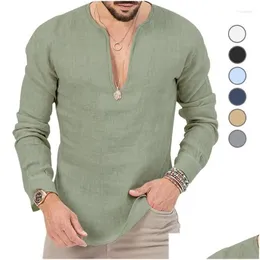 Men'S T-Shirts Mens T Shirts 2023 Winter Long Sleeve Shirt Leisure Tropical Cotton Linen Deep V-Neck Solid Color Large Size T-Shirt Dr Dhkur