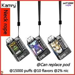 Kamry Box 15000 퍼프 E 담배 키트 15K 퍼프 일회용 vape 넥 로프 펜 충전식 500mAh 배터리 증기 증기 기화기 퍼프 15000 vaper는 포드를 교체 할 수 있습니다.