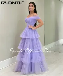 Ryanth Lavender Tulle Long Prom sibila dalla gonna a più a livello di spalla A Line Wedding Party Dresses Abiti da sera Elegante festa