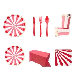 Circus Birthday Party Decor Red White Rands Disponertable Table Set Set Plates Cups PE TABLEDCLOTH SEPKIN KNIVER Forks Supplies