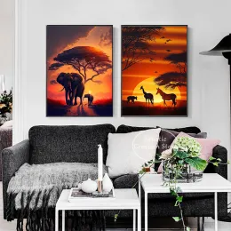Kenya African Grassland Scenery Elefante Giraffe Animali Sunset Poster Tela Stampe Carte Wall Art Soggiorno