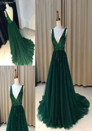 2018 مثير Vneck Aline Long Evening Dresses Seqin beded Zipper Back الرسميات المسائية فساتين حفلة موسيقية Vestido de Noche9520462