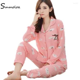 Heimkleidung Smmoloa 2024 Herbst Polyester Baumwolle Langarm Pyjama Frauen Cartoon Nachtwäsche