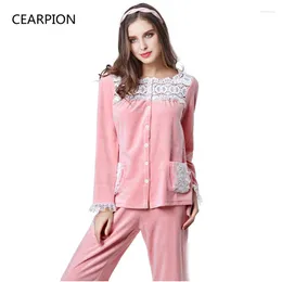 Hemkläder Cearpion Autumn Winter Clothes Women Warm Velvet Pyjamas Set Lace Cute 2 PCS Shirtpant Long Sleeve Lady Nightwear M-XL