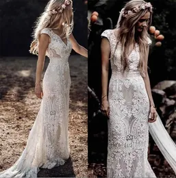 Gothic Hippie Lace Country Wedding Suknianta 2024 Fall V szyi rękawy Czech Vintage Suknie ślubne Siez pociąg bez pleców syrenka vestido de novia Chic