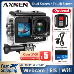 Câmera de câmeras Axnen A10 Câmera de ação 4K Firro de vídeo Sports Sports EIS Touch Screen Webcam 20MP Vlog Câmera WiFi Remote Car DVR Looping Record