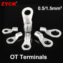 100PCS Cable Wire Connector Crimp OT 0.5/1-4 1.5-6 Non-Insulated Ring O-Type Tin-Plated Brass Terminals Assortment Cold Pressed