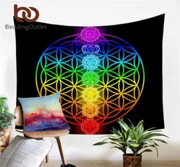 Beddingoutlet hippie chakra vägg hängande zen tema strandmatta färgglad vägg tapestry blommor av liv tapisserie regnbåge ark t20062071883