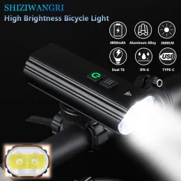 SHIZIWANGRI 3600LM Bicycle Light MTB Front Lamp USB Rechargeable 2LED 4800mAh With Dual Brackets Bike Light Waterproof Headlight