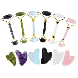 2 pezzi Natural Jade Stone Jade Roller GUASHA MASSAGER GUOUACHE SCARPER PER FACCIO BLACO OSSIDIANO QUARTZE ROSE GUA SHA CURA DELLA SCHEDA