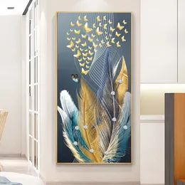 Modern Blue Gold Feather Futterfly Abstract Canvas Måla väggkonsttryck och affischbild för vardagsrumsheminredning oramad