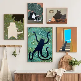 Abstract Green Plant Flower Black Cat Wall Art Canvas Painting Funny Posters And Prints Wall Pictures For Boho Living Room Decor