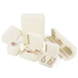 Högkvalitativ beige sammet smycken låda ringörhängen hållare hänge halsband container smycken lagringslåda