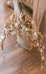 Винтажные золотые барокко короны для вечеринки жемчужины Свадебные короны Тиары с узором растений дешевый свадебный головной убор цветов корона Headband9950505
