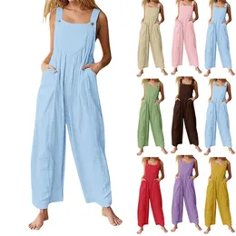 Kvinnor Jumpsuits Summer Fashion Casual Loose Wide Leg Solid Color Insert Pickets Retro Button Strap 240409